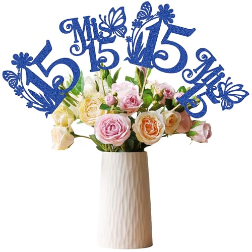 Ephlyn 12Pcs Happy 15th Birthday Centerpiece Sticks Hello 15 Sweet 15 Table Flower Centerpieces Sticks Mis 15 Quince Floral Decorations for Cheers to 15 Theme Anniversary Party Supplies Royal Blue - Image 1