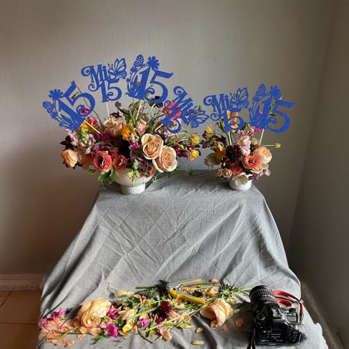 Ephlyn 12Pcs Happy 15th Birthday Centerpiece Sticks Hello 15 Sweet 15 Table Flower Centerpieces Sticks Mis 15 Quince Floral Decorations for Cheers to 15 Theme Anniversary Party Supplies Royal Blue - Image 5