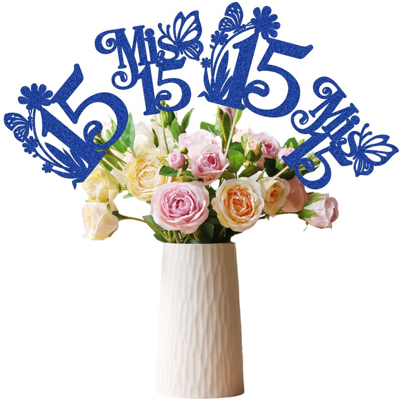 Ephlyn 12Pcs Happy 15th Birthday Centerpiece Sticks Hello 15 Sweet 15 Table Flower Centerpieces Sticks Mis 15 Quince Floral Decorations for Cheers to 15 Theme Anniversary Party Supplies Royal Blue - Image 3