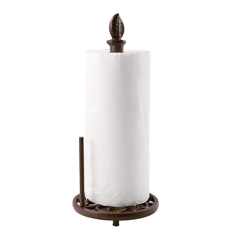 jogreful JOGREFUL Paper Towel Holder Stand Cast Iron Kitchen Paper Towel Countertop Vintage Stand with WeightedBase Bathroom Organization for Family Standard Large Size Roll Paper Leaf Top Brown 