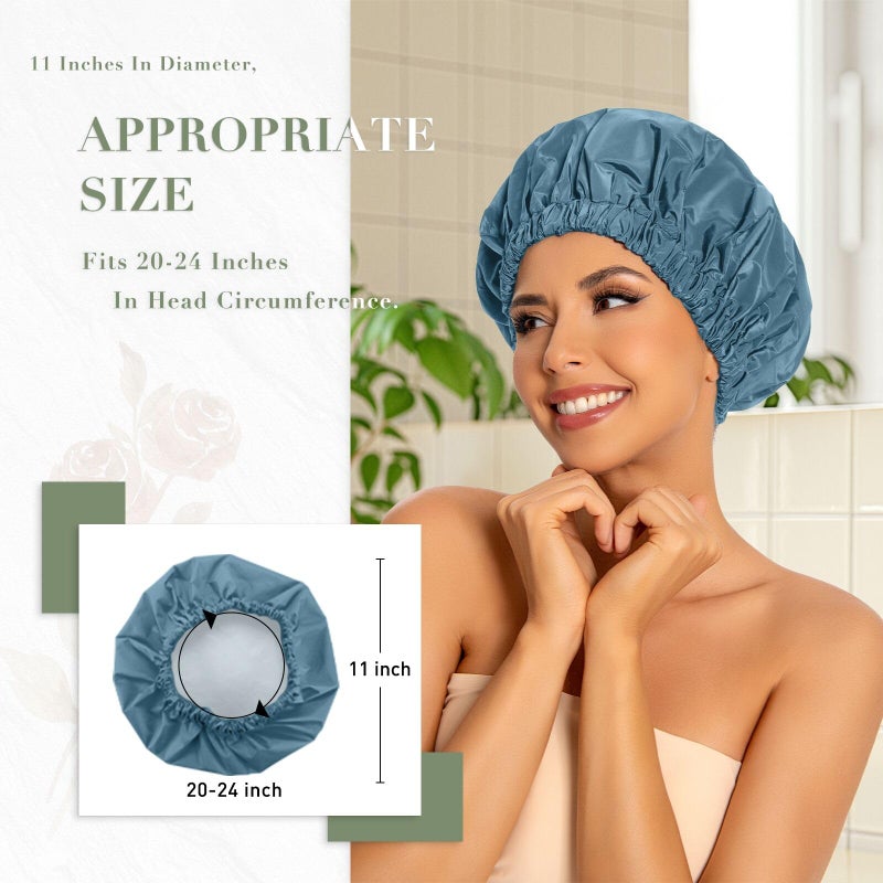 Edoneery Reusable Shower Cap for Women, Large Waterproof Shower Essentials Bonnet Washable Elastic Band Bath Hair Wrap Hat for Long Hair, Braids(Haze Blue) - Image 3