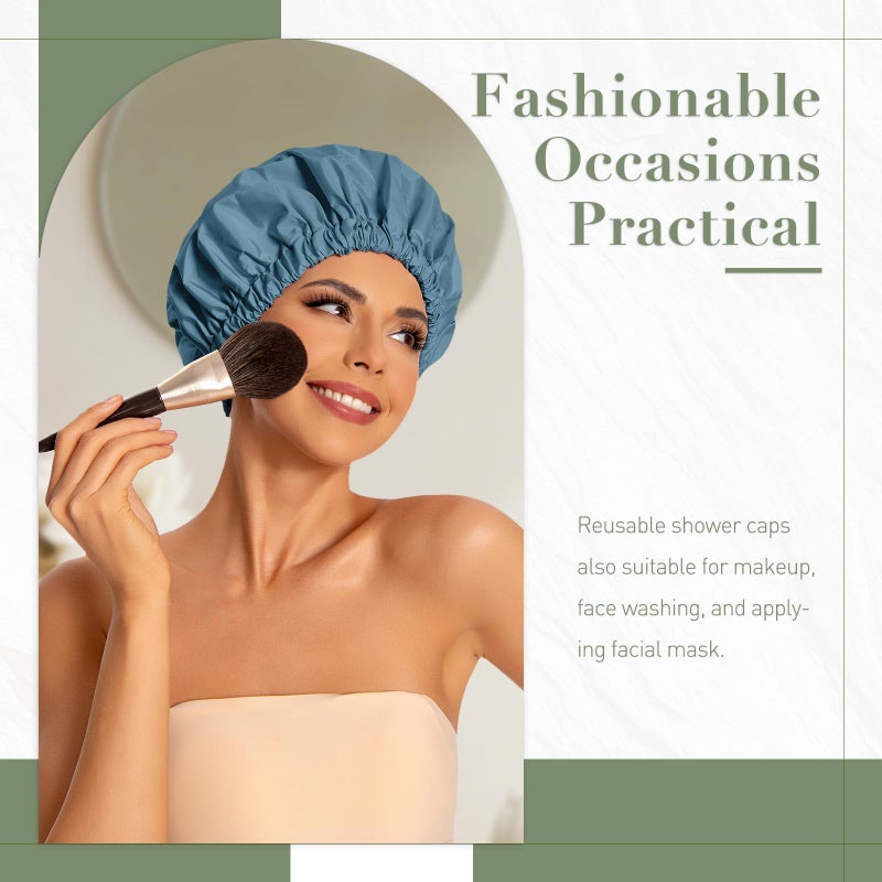 Edoneery Reusable Shower Cap for Women, Large Waterproof Shower Essentials Bonnet Washable Elastic Band Bath Hair Wrap Hat for Long Hair, Braids(Haze Blue) - Image 2