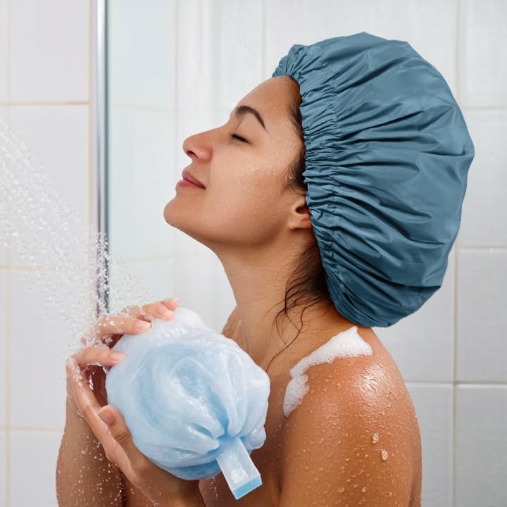 Edoneery Reusable Shower Cap for Women, Large Waterproof Shower Essentials Bonnet Washable Elastic Band Bath Hair Wrap Hat for Long Hair, Braids(Haze Blue) - Image 4
