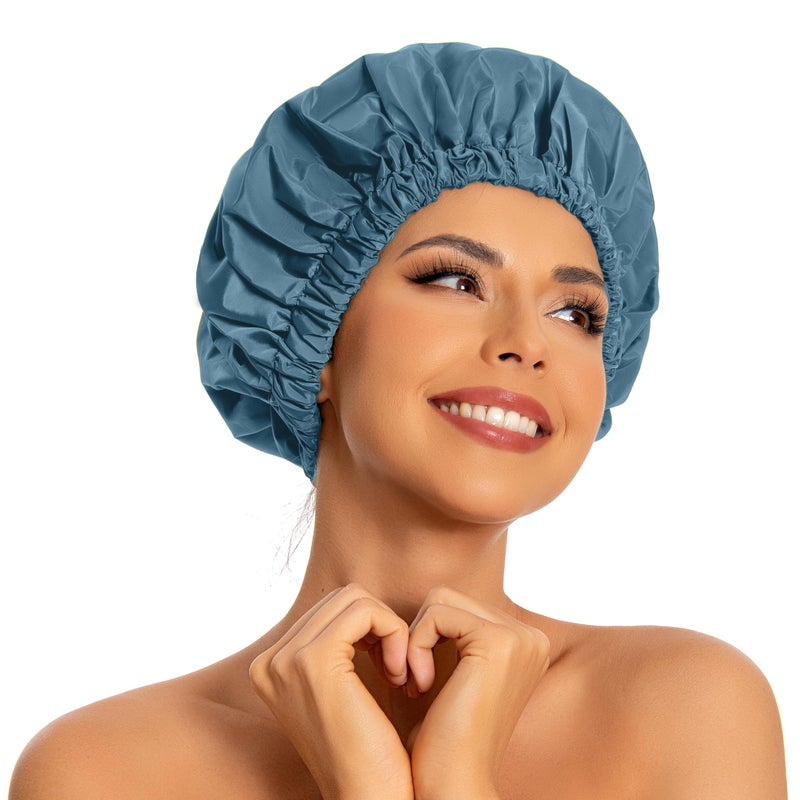 Edoneery Reusable Shower Cap for Women, Large Waterproof Shower Essentials Bonnet Washable Elastic Band Bath Hair Wrap Hat for Long Hair, Braids(Haze Blue) - Image 1