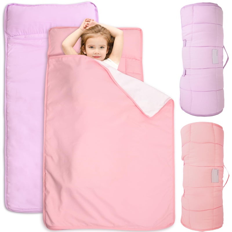 Biloban 2 Pack Toddler Nap Mat with Pillow and Fleece Minky Blanket Extra Large Kids Sleeping Bag for Preschool Daycare Portable Travel Camping Nap mats Machine Washable Pink and Violet