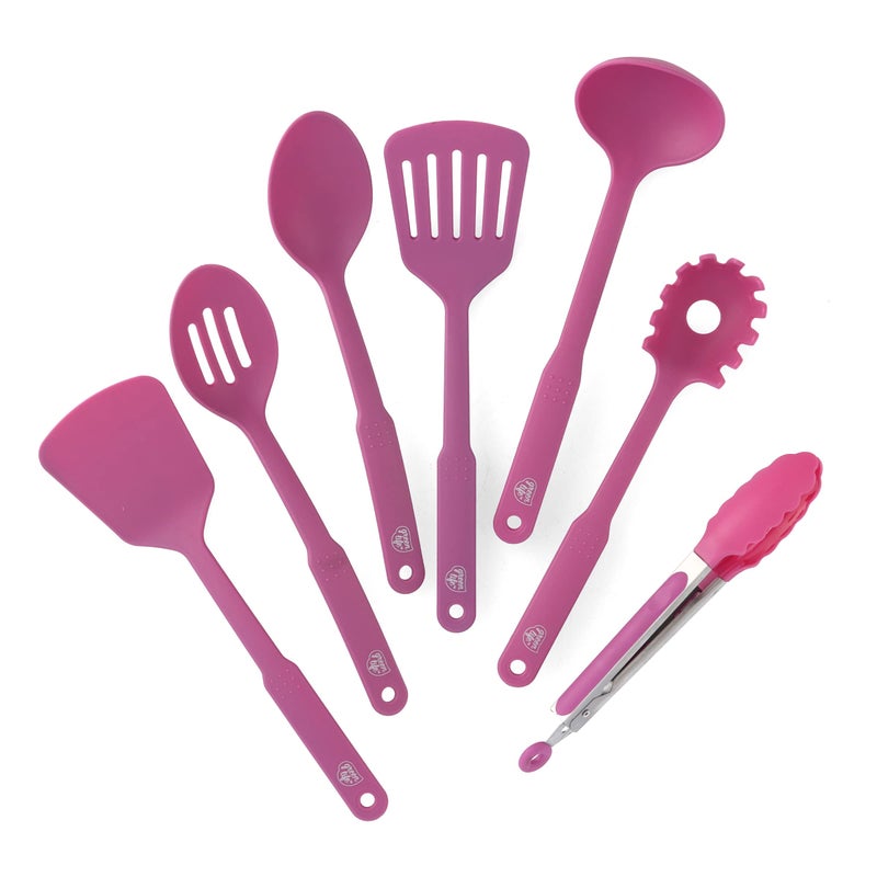 GreenLife Cooking Tools and Utensils 7 Piece Nylon Set including Spatulas Turner Spoons and Tongs Dishwasher Safe Bright Pink