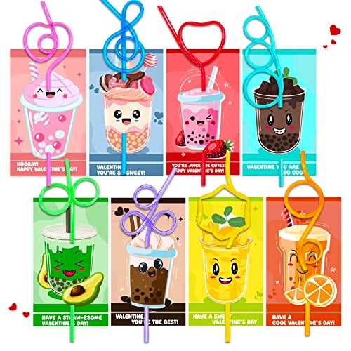 Letapapa 32 Pack Valentines Day Cards for Kids School with Crazy Loop Straws Valentines Greeting Cards for Boys Girls Classroom Gifts Exchange Valentines Prizes Party Favors 8 Styles - Image 1