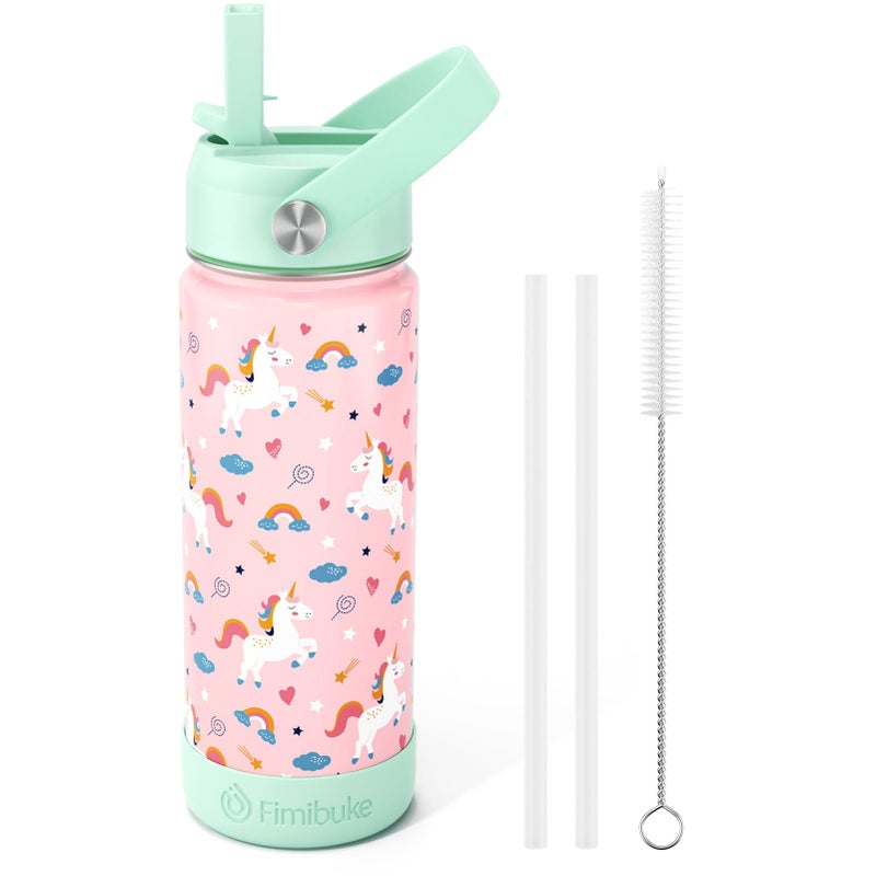 Fimibuke Kids Insulated Water Bottle, 18oz BPA FREE 18/8 Stainless Steel Kids Cup with Straw Travel Tumbler Double Wall Vacuum Leak Proof Toddler Water Bottle for School Boys Girls(1 Pack, Unicorn) - Image 1