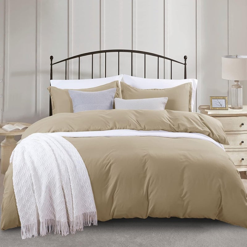 PHF 3 Piece Super King Size Washed Duvet Covet Set, Silky Breathable Microfiber, Ultra Soft, Set includes 1x 220cm x 260cm Duvet covet + 2x 50cm x 75cm Pillow Shams, Khaki - Image 1