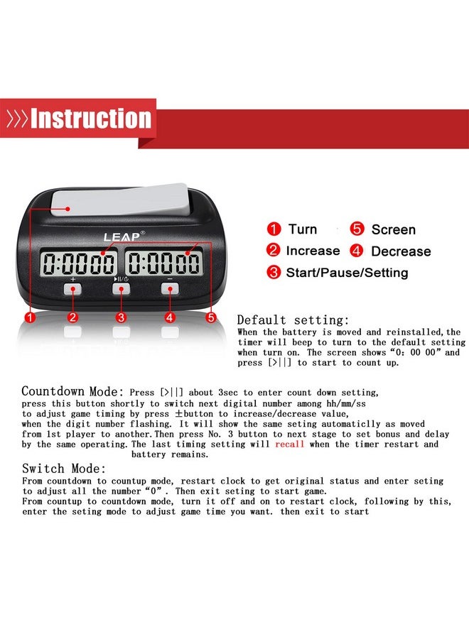 LEAP LEAP Chess Clock Digital Chess Timer Professional for Board Games Timer with Alarm Function Black (Official Store)  - Image 5