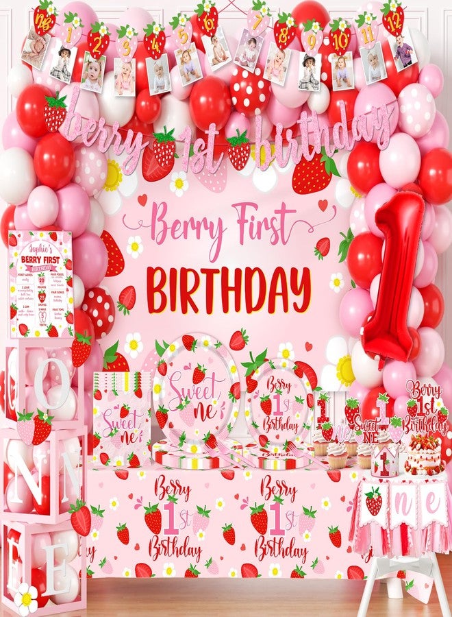 Bezkega Berry First Birthday Decor Strawberry 1st Birthday Decorations Girls With Strawberry Decor Plates Napkins Balloons Strawberry Party Backdrop Banner Cake Toppers for Girl 1st birthday Decorations - Image 1