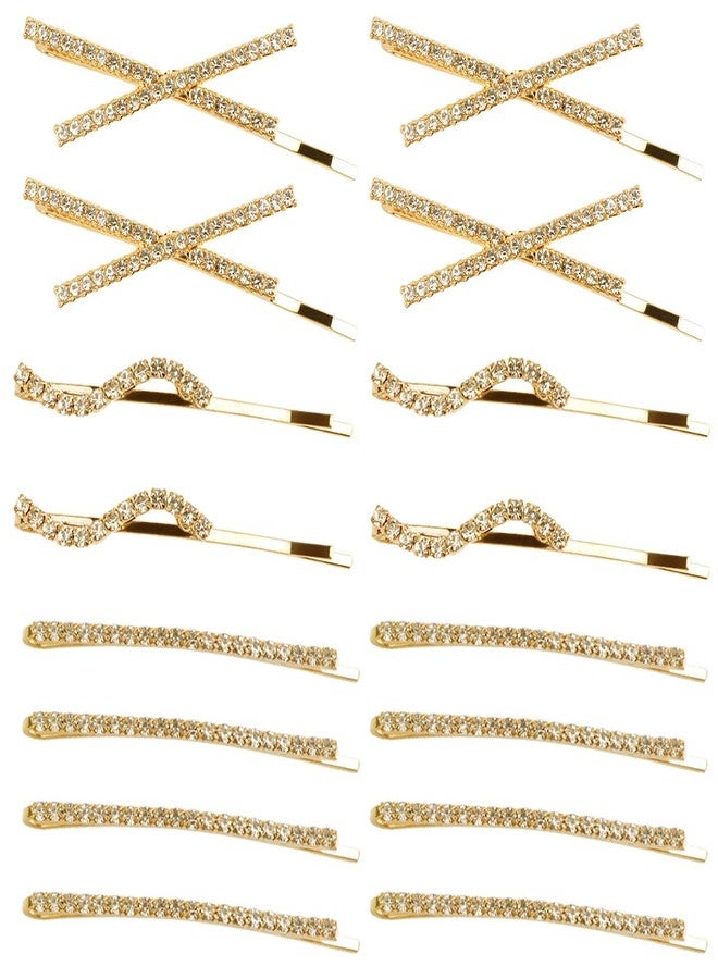 La Jolie Jasmin 16 Pieces Rhinestone Bobby Pins, Fancy Metal Hair Clips, Crystal Shiny Barrettes, I S X Shaped Diamond Hair Accessories for Women Girls Wedding Prom Party (Gold) - Image 1