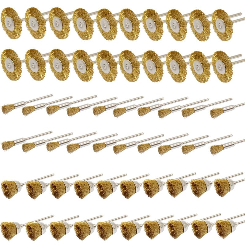 PHYHOO Brass Wire Brushes Cup Wheels Polish Cleaning Brush Kit Polishing Attachment Die Grinder Rotary Tools Accessories 3 MM Mandrel 60 Pieces - Image 1