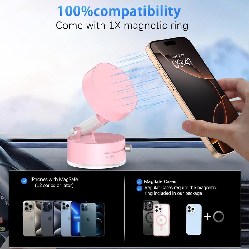 TMOHRA Vacuum Suction Magnetic Car Phone Holder,Double-Sided Upgrade Suction 360° Rotatable & Folding Phone Mount with Strong Grip,Hands-Free Use in Car/Gym/Mirror for All Phones (Pink) - Image 5