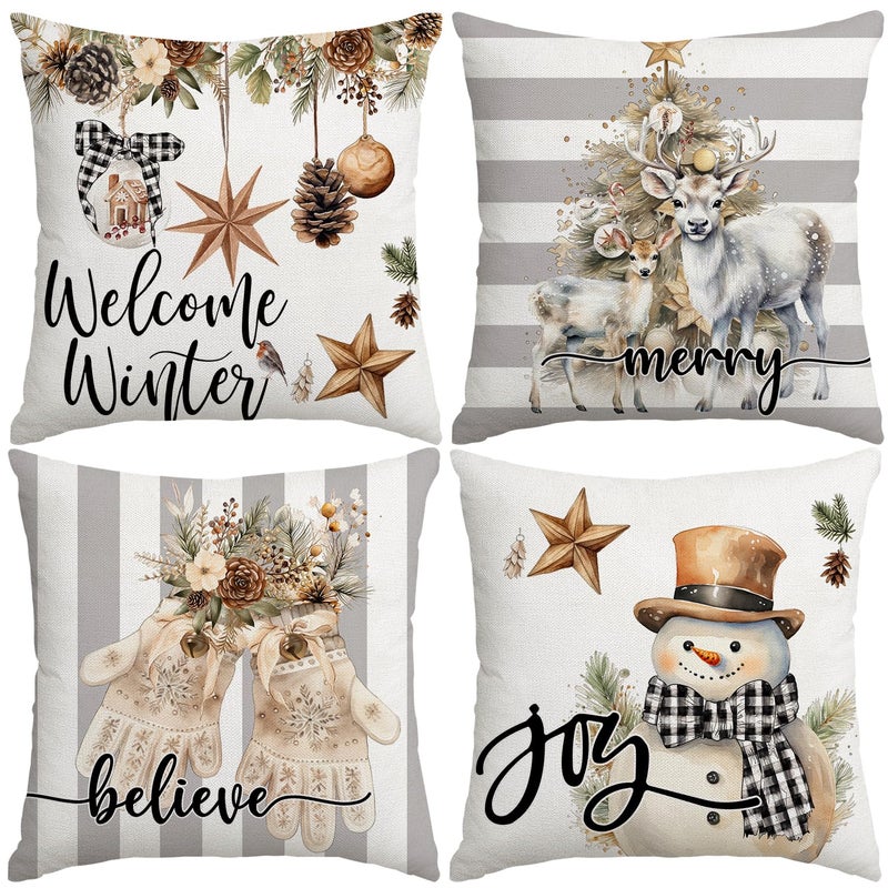 Artmag Christmas Pillow Covers 16x16 inch Set of 4 Snowman Gloves Welcome Winter Grey White Strip Christmas Throw Pillow Covers Winter Farmhouse Decoration for Home - Image 2