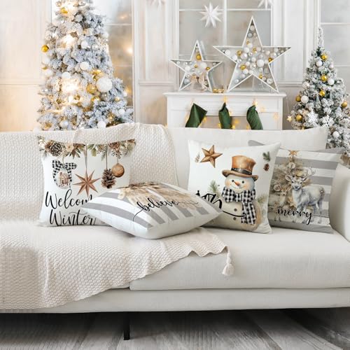 Artmag Christmas Pillow Covers 16x16 inch Set of 4 Snowman Gloves Welcome Winter Grey White Strip Christmas Throw Pillow Covers Winter Farmhouse Decoration for Home - Image 3