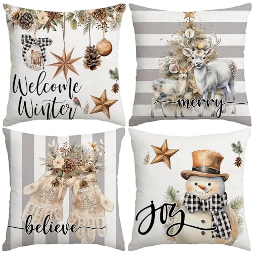 Artmag Christmas Pillow Covers 16x16 inch Set of 4 Snowman Gloves Welcome Winter Grey White Strip Christmas Throw Pillow Covers Winter Farmhouse Decoration for Home - Image 1