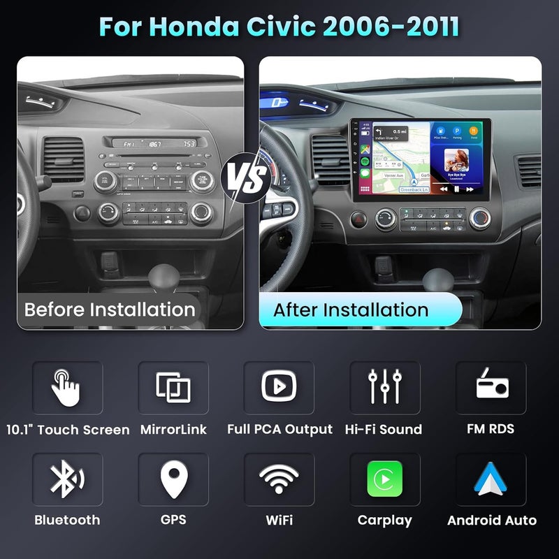 Podofo DSP Car Stereo Radio for Honda Civic 2006-2011 with Wireless Carplay Android Auto MirrorLink,Podofo 10.1 inch HD IPS Touch Screen Built-in GPS 26UIs 5.0Bluetooth Car Radio WiFi AHD Backup Camera Mic - Image 2