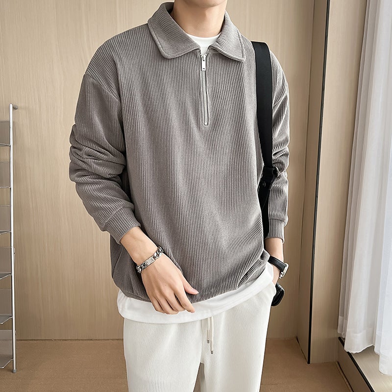 Autumn Winter Casual Polo Sweater Mens Knit Pullover Gray  - Image 1