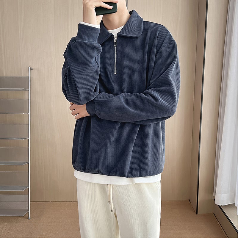 Autumn Winter Casual Polo Sweater Mens Knit Pullover Gray  - Image 3