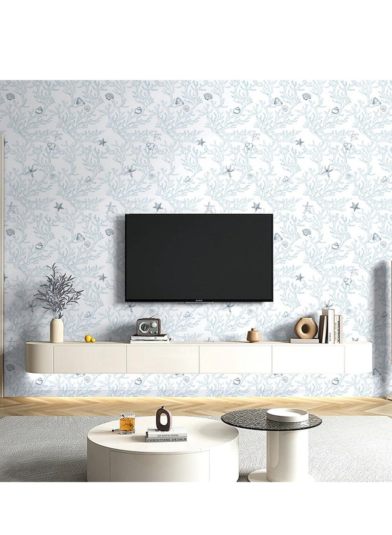 ورق حائط شعاب البحر الزرقاء الفاتحة: طبقة مزدوجة مطلية، ملمس سميك، تغطية عالية وغير شفاف، 11 ياردة (47 قدم مربع)، ورق حائط ذاتي اللصق قابل للإزالة واللصق. - Image 2