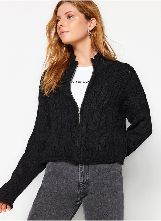 Black Soft-textured Sweater Cardigan with Zipper and Braids TWOAW24HI00202. - pzsku/ZD46DCBBFCE23FDBF2A72Z/45/_/1730940033/20383a06-aa61-458d-8b07-b729cfe54782