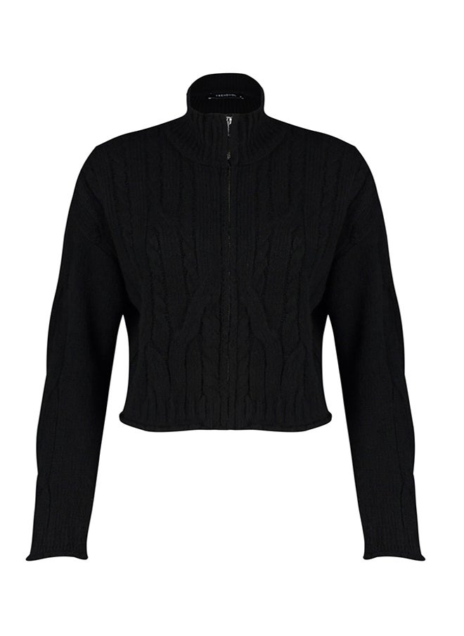 Black Soft-textured Sweater Cardigan with Zipper and Braids TWOAW24HI00202. - pzsku/ZD46DCBBFCE23FDBF2A72Z/45/_/1730940034/4d2bca5f-626b-4af8-a289-7d5485b3b651