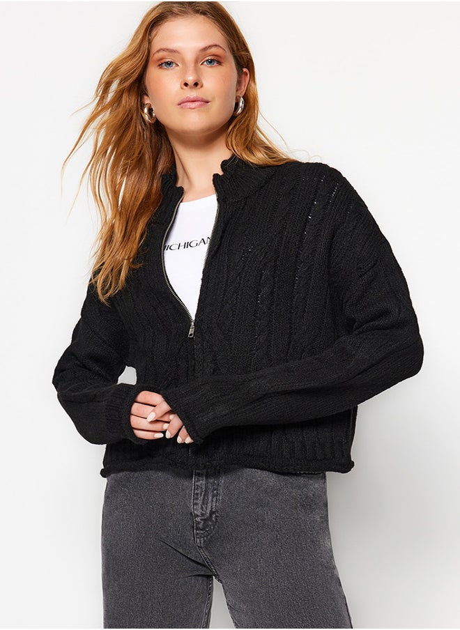 Black Soft-textured Sweater Cardigan with Zipper and Braids TWOAW24HI00202. - pzsku/ZD46DCBBFCE23FDBF2A72Z/45/_/1730940038/3a666f3d-eb01-47ce-b4d8-c89273d5d0fe
