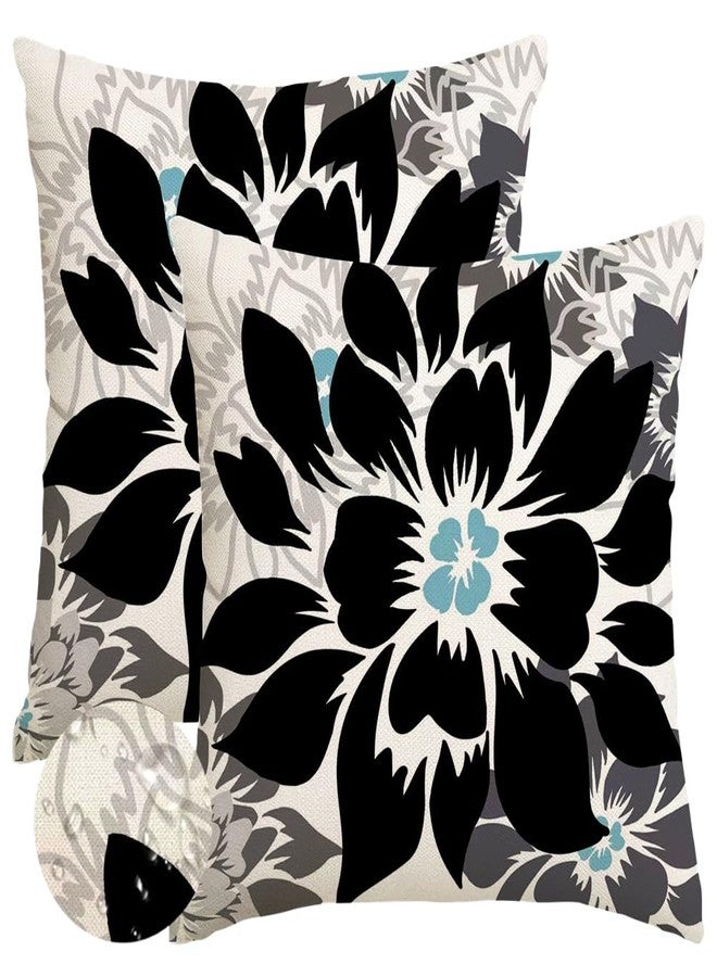 RABUSOFA Black Gray Floral Pillow Covers 18x18 Inch Set of 2 Outdoor Waterproof Decorative Throw Pillows for Home Decor Sofa Patio Funiture Flower Polyester - Image 1