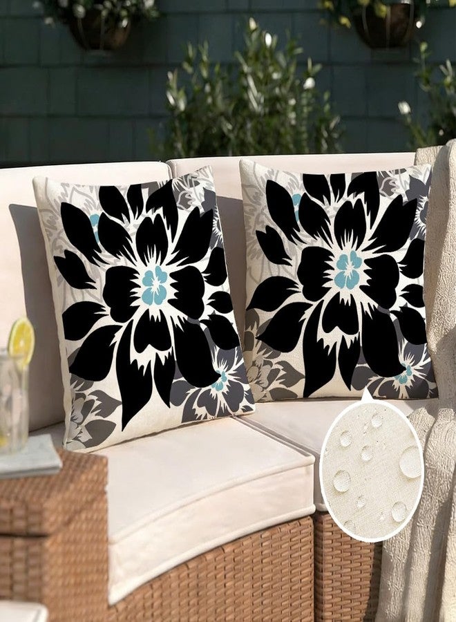RABUSOFA Black Gray Floral Pillow Covers 18x18 Inch Set of 2 Outdoor Waterproof Decorative Throw Pillows for Home Decor Sofa Patio Funiture Flower Polyester - Image 2
