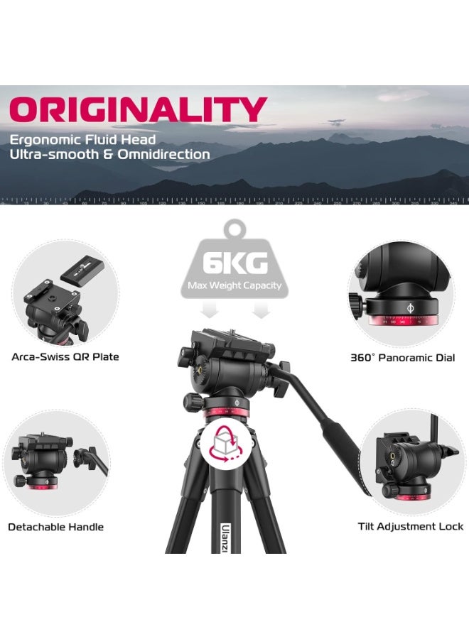 ULANZI MT-56 Ombra Video Travel Tripod, 63" Professional Camera Tripod with Fluid Pan-tilt Head, Aluminum DSLR Tripod Max Load 13.2 LB for Nikon Canon DSLR Camcorder, Phone Holder Included - Image 4