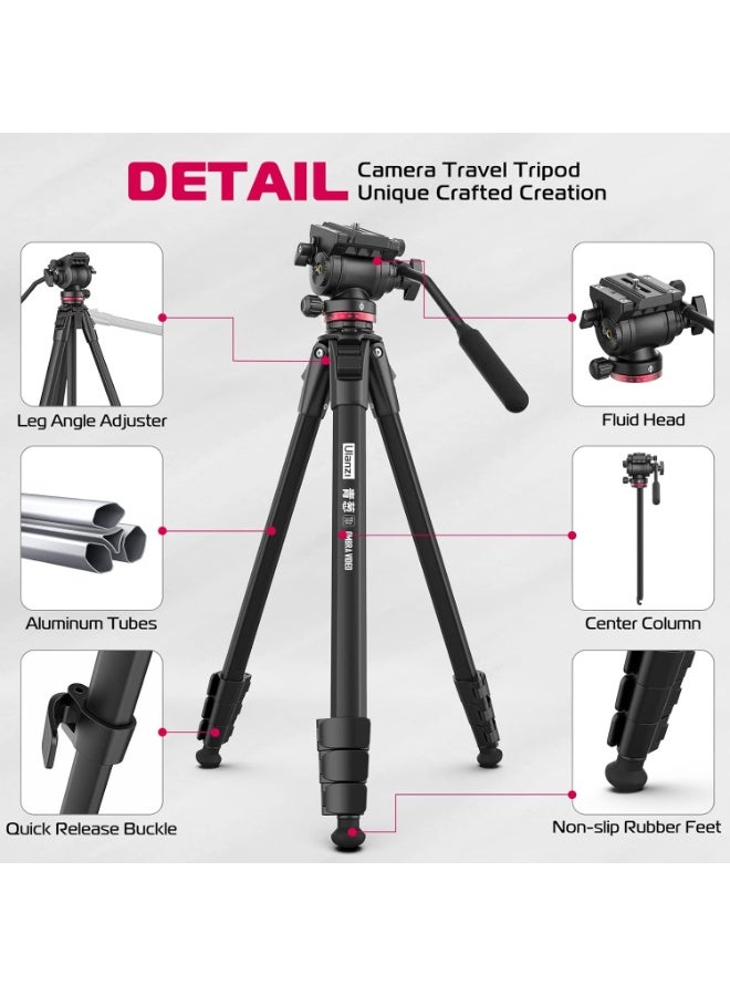 ULANZI MT-56 Ombra Video Travel Tripod, 63" Professional Camera Tripod with Fluid Pan-tilt Head, Aluminum DSLR Tripod Max Load 13.2 LB for Nikon Canon DSLR Camcorder, Phone Holder Included - Image 2