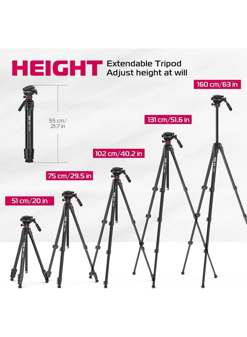 ULANZI MT-56 Ombra Video Travel Tripod, 63" Professional Camera Tripod with Fluid Pan-tilt Head, Aluminum DSLR Tripod Max Load 13.2 LB for Nikon Canon DSLR Camcorder, Phone Holder Included - Image 3