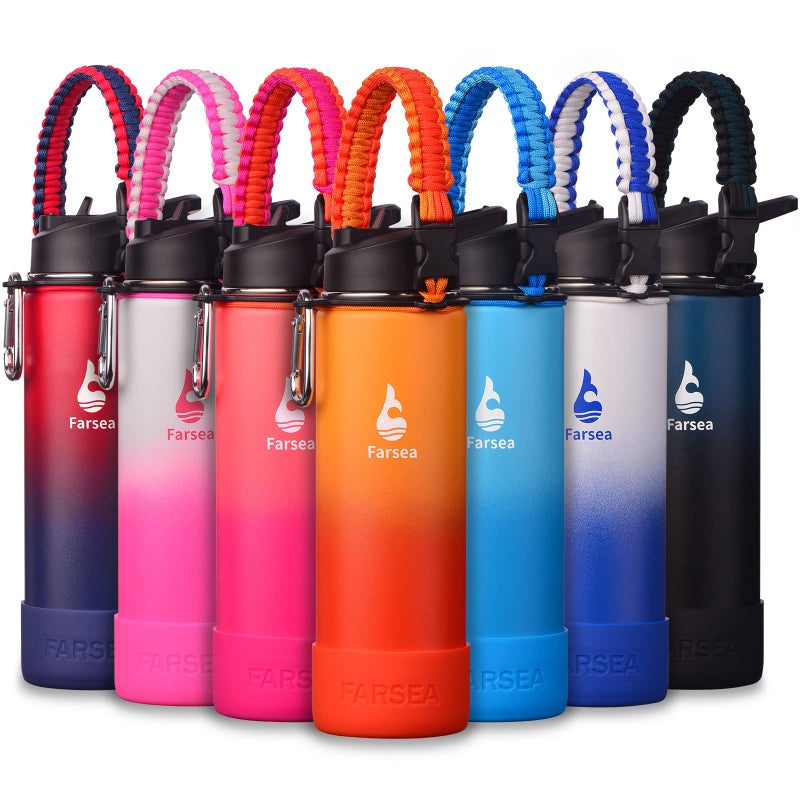 Farsea Insulated Water Bottle With Paracord Handle Protective Silicone Boot and 2 Lids Straw Lid Spout Lid Stainless Steel Water Bottle Wide Mouth Double Wall SweatProof BPAFree 24 oz