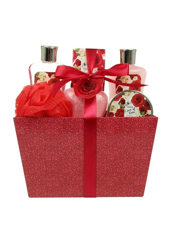 Lovestee Bath and Body - Spa Gift Baskets for Women & Girls, Spa Kit Birthday Gift Includes Love of Rose Scent Shower Gel, Bubble Bath, Body Lotion, Bath Salt, Red Bath Puff and Heart Bath Bomb  - Image 1