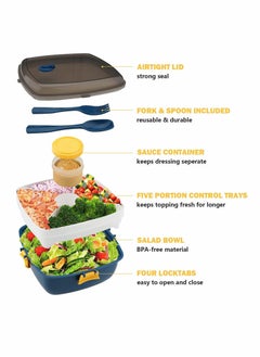 Y&D Salad Lunch Box Container, Double Layer Bento with Cutlery and Sauce 40 oz Bowl 5 Compartment Style Tray Leak Proof for Food Snack Home Office (Blue)  - Image 2