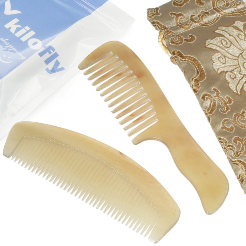 kilofly Genuine No Static Natural Sheep Horn Comb Set of 2  Carring Pouch