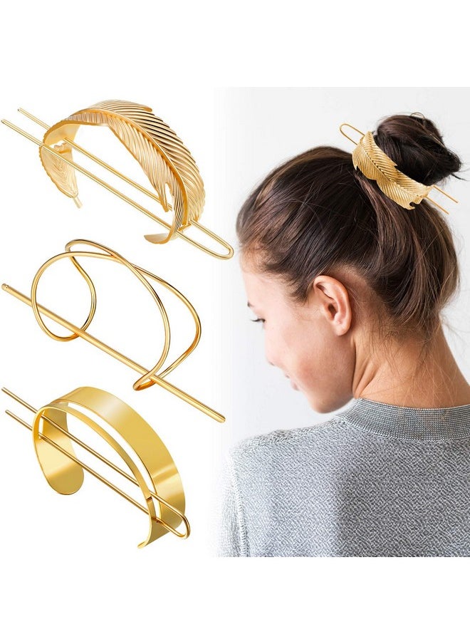 WILLBOND 3 Pieces Gold Hair Accessory Set: Feather X-Shaped Bun Clip, Stick and Round Top  - Image 1