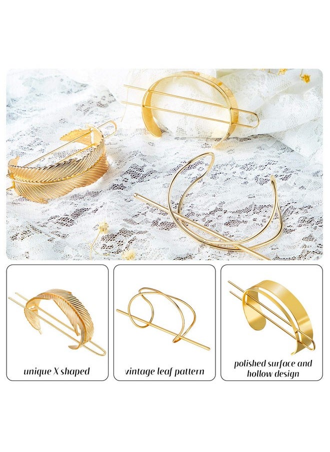 WILLBOND 3 Pieces Gold Hair Accessory Set: Feather X-Shaped Bun Clip, Stick and Round Top  - Image 3