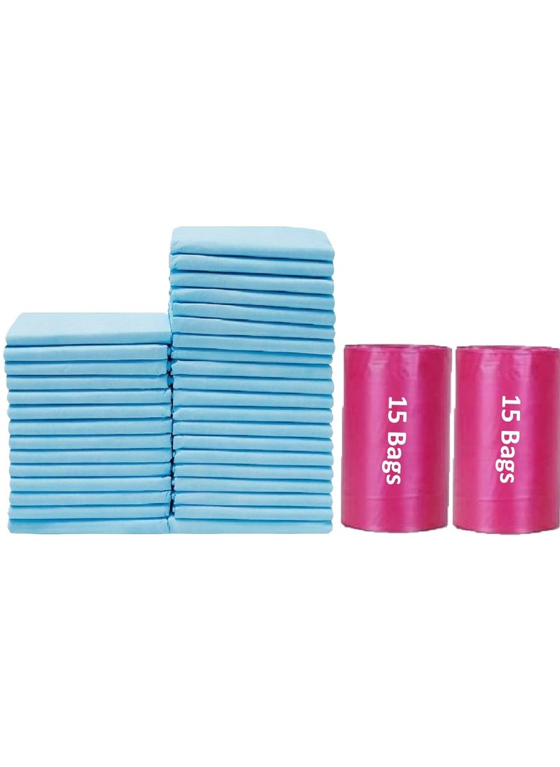 Cute 'n' Cuddle Cute 'n' Cuddle – 30 Pcs Disposable Changing Mat Blue (60×45 cm) with 30 Pink Scented Diaper Bags – Soft, Leak-Proof & Travel-Friendly  - Image 1
