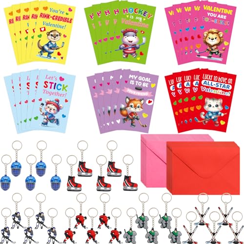 ceiba tree Valentines Day Hockey Keychains Cards Gifts for Kids Class School Classroom 30 Sets Valentines Day Classmates Gifts Exchange Goodie Bag Stuffers Party Favors Key Chains - Image 1