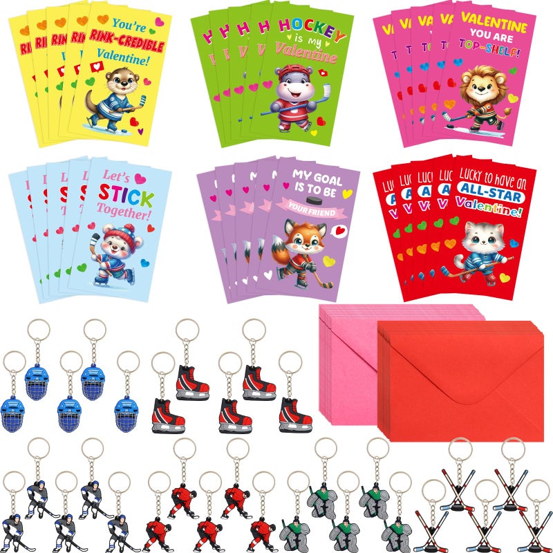 ceiba tree Valentines Day Hockey Keychains Cards Gifts for Kids Class School Classroom 30 Sets Valentines Day Classmates Gifts Exchange Goodie Bag Stuffers Party Favors Key Chains - Image 3