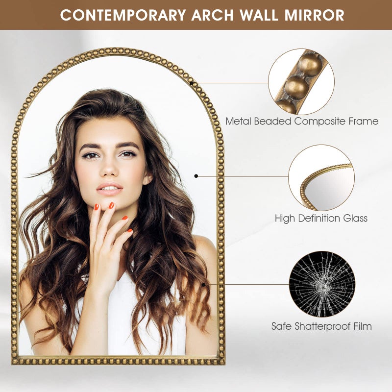 Fobule Arched Wall Mirror for Bathroom - 24"x36" Metal Beaded Frame Decorative Accent Mirror, Large Modern Rustic Distressed Hanging Wall Decor for Washroom, Bedroom, Living Room, Entryway, Antique Gold - Image 2