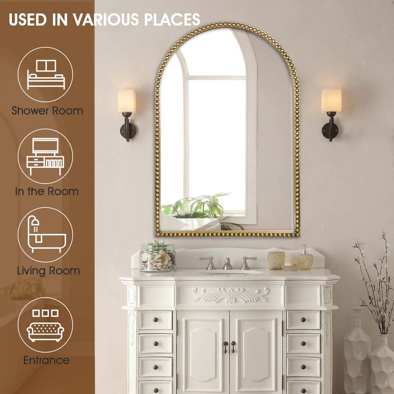 Fobule Arched Wall Mirror for Bathroom - 24"x36" Metal Beaded Frame Decorative Accent Mirror, Large Modern Rustic Distressed Hanging Wall Decor for Washroom, Bedroom, Living Room, Entryway, Antique Gold - Image 5