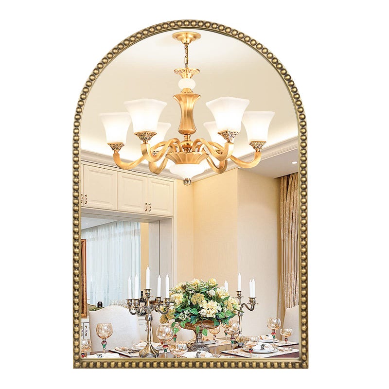 Fobule Arched Wall Mirror for Bathroom - 24"x36" Metal Beaded Frame Decorative Accent Mirror, Large Modern Rustic Distressed Hanging Wall Decor for Washroom, Bedroom, Living Room, Entryway, Antique Gold - Image 1