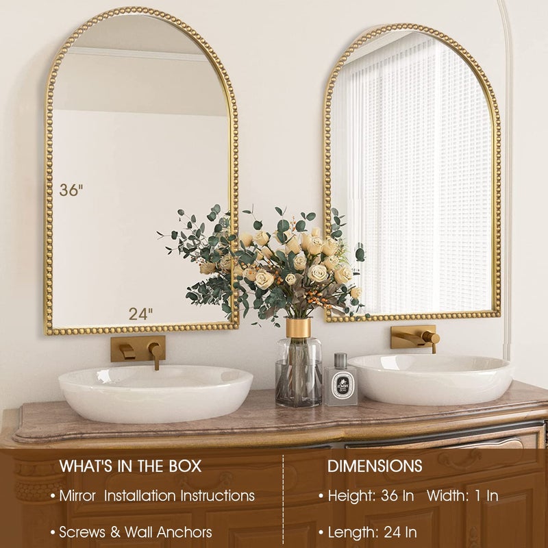 Fobule Arched Wall Mirror for Bathroom - 24"x36" Metal Beaded Frame Decorative Accent Mirror, Large Modern Rustic Distressed Hanging Wall Decor for Washroom, Bedroom, Living Room, Entryway, Antique Gold - Image 3