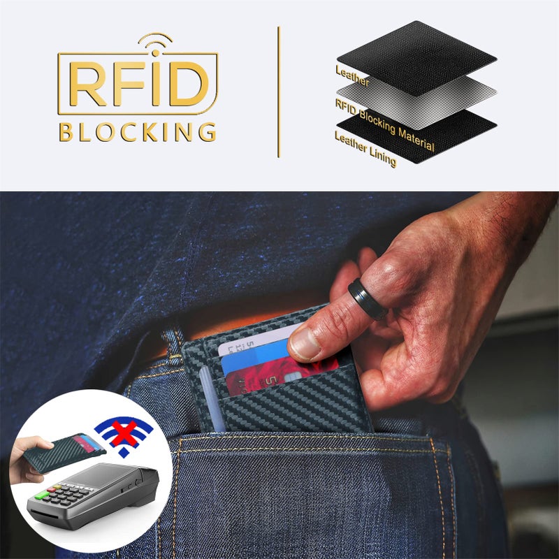 Travelambo Front Pocket Minimalist Leather Slim Wallet RFID Blocking Carbon Fiber Texture(Blue) - Image 5