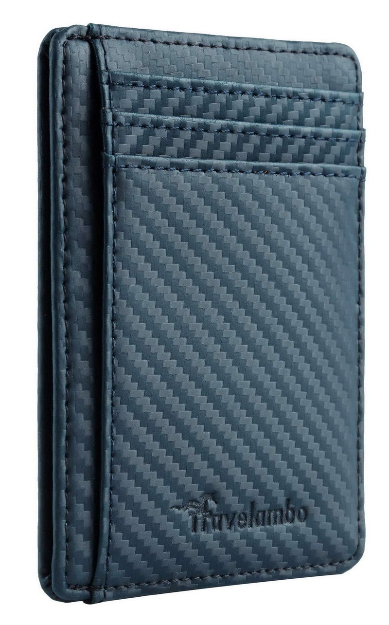 Travelambo Front Pocket Minimalist Leather Slim Wallet RFID Blocking Carbon Fiber Texture(Blue) - Image 1