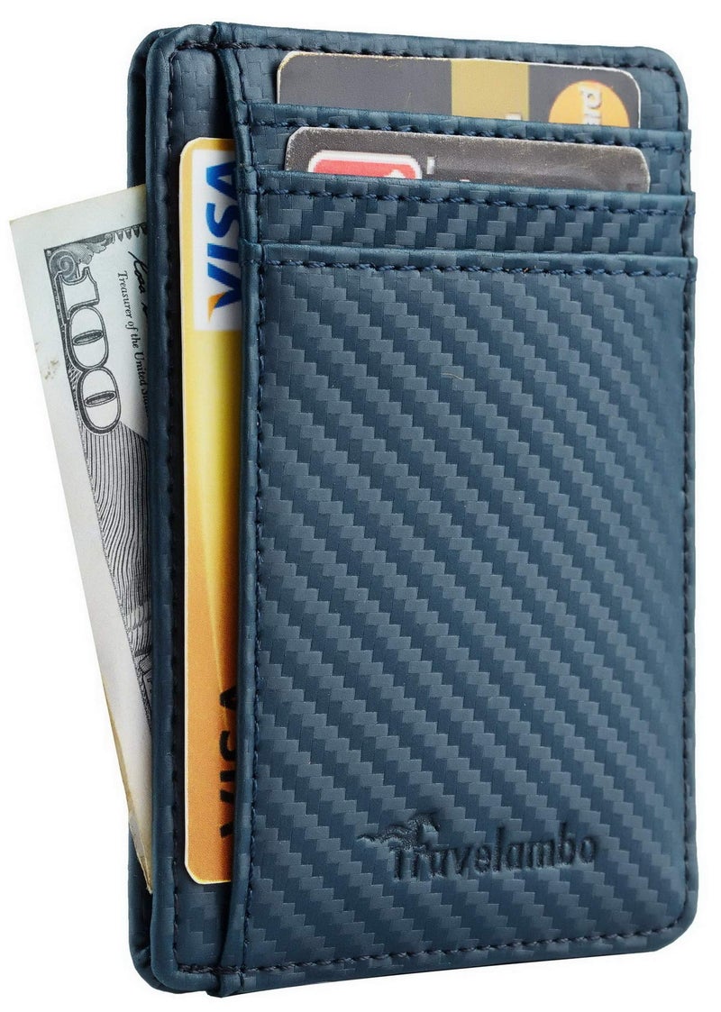 Travelambo Front Pocket Minimalist Leather Slim Wallet RFID Blocking Carbon Fiber Texture(Blue) - Image 2