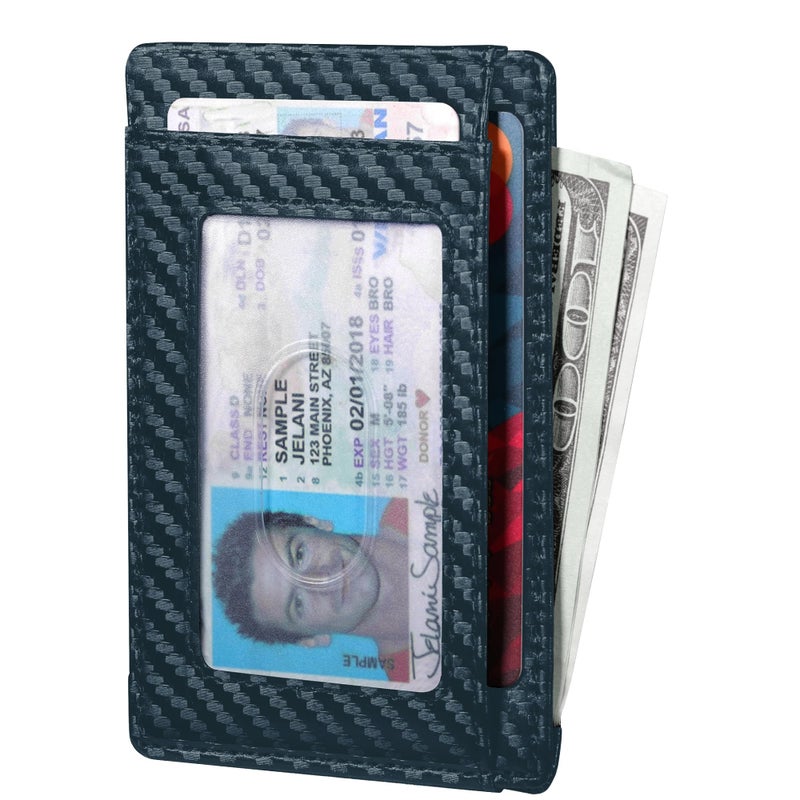 Travelambo Front Pocket Minimalist Leather Slim Wallet RFID Blocking Carbon Fiber Texture(Blue) - Image 3